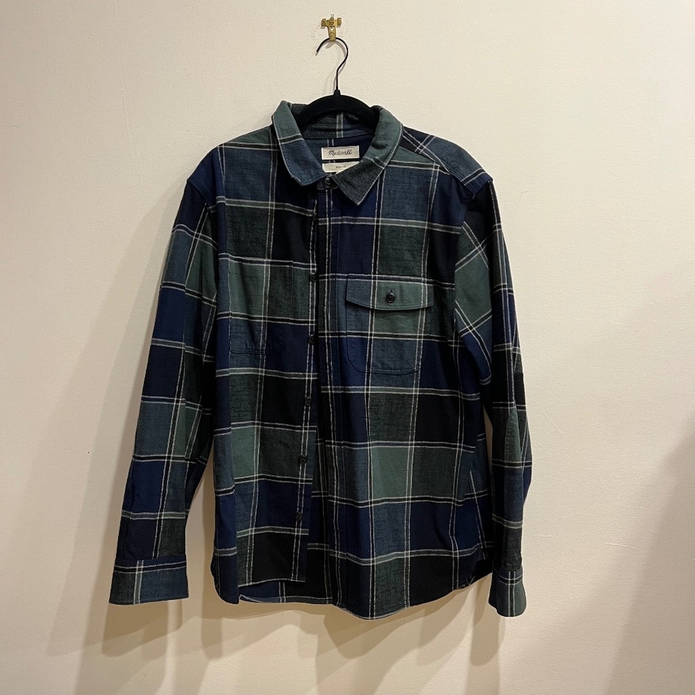 Madewell Men’s Navy Green Windowpane Plaid Shirt Large
